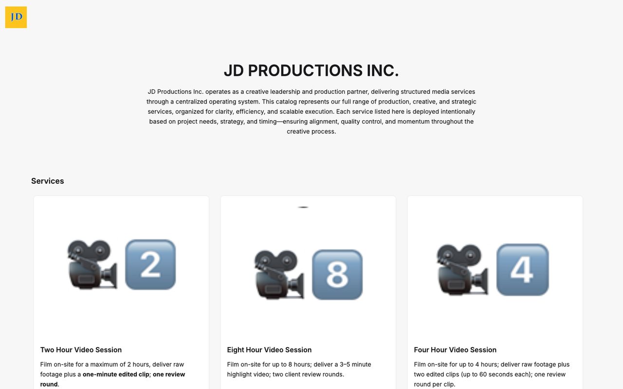 JD Productions service catalog